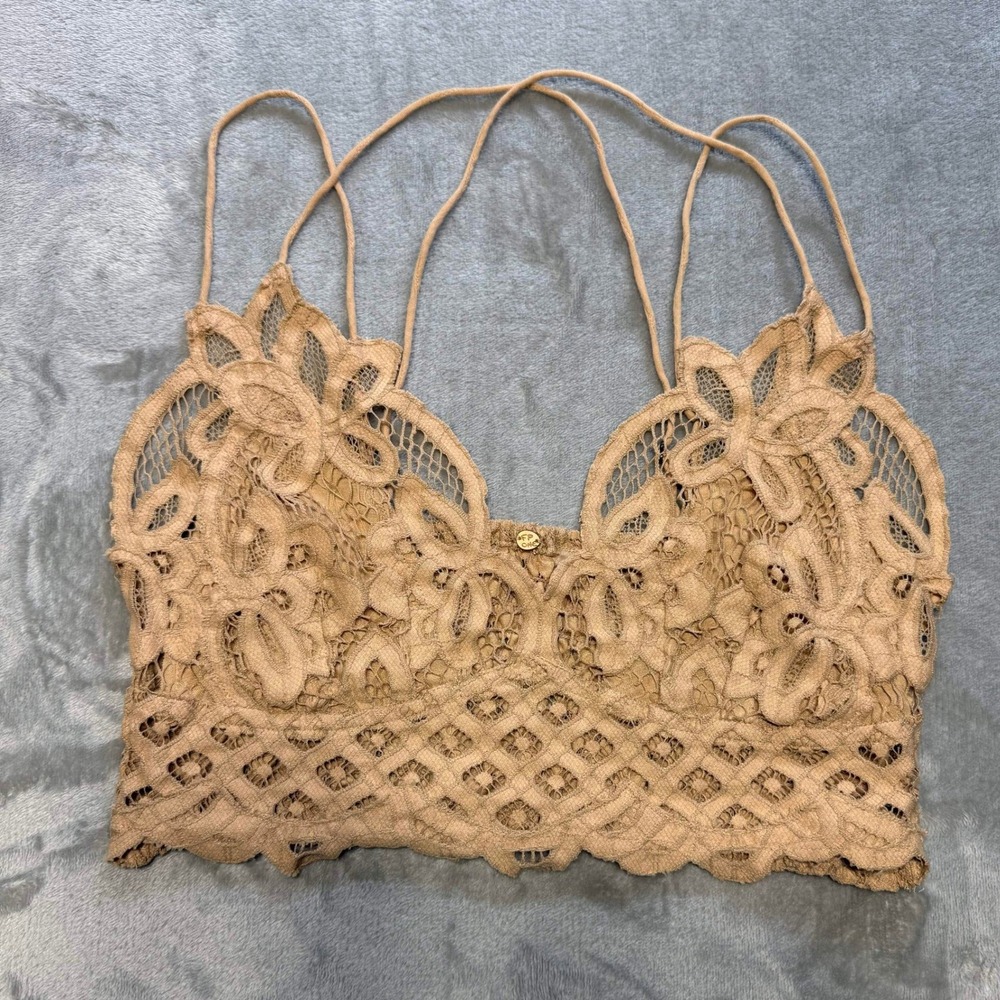 Free People FP One Adella Bralette Tan Nude Floral Lace Boho Strappy Bra Large